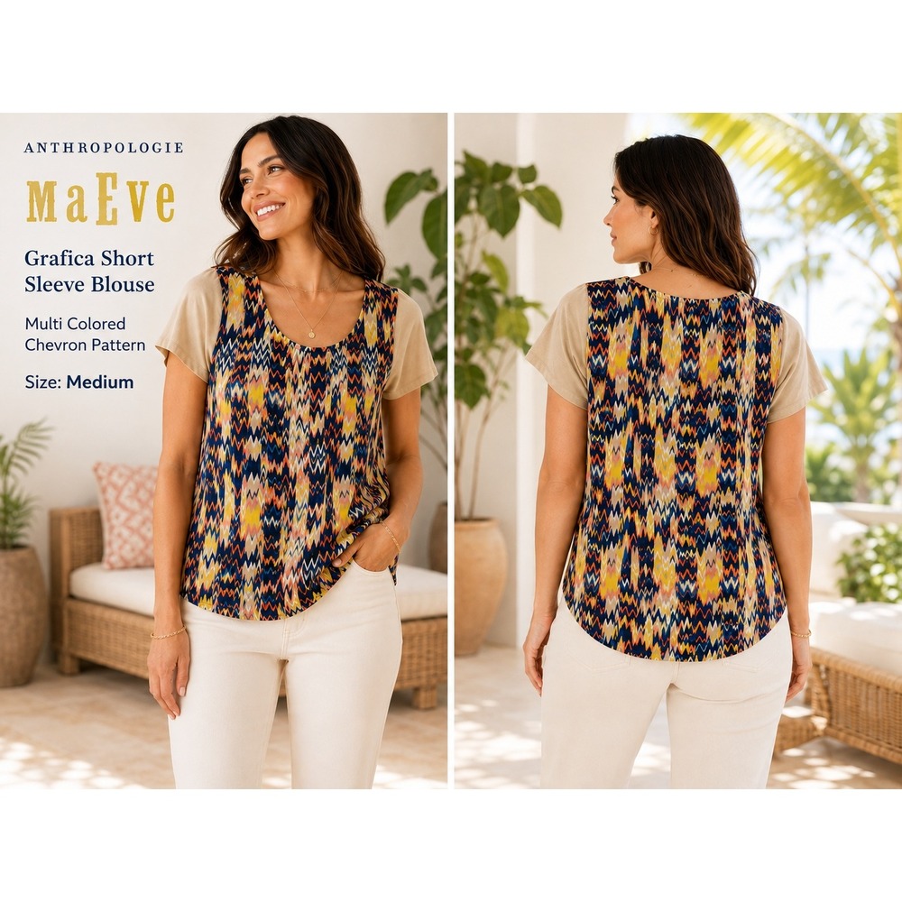 Anthropologie Maeve Grafica Blouse Women Medium Silk Chevron Boho Multi Top 1835